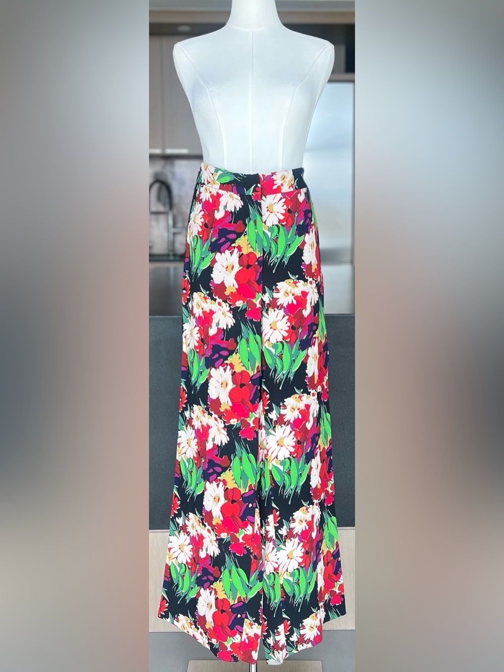 Veronica Beard Floral Wide-Leg Trousers in Black, Red, Green, White
